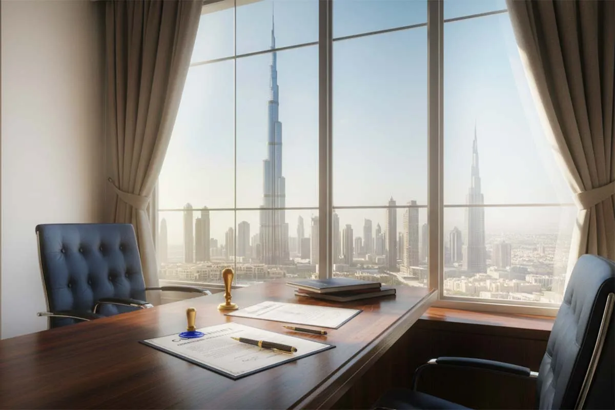 An executive desk with a document seal and pen, looking out over the Dubai skyline